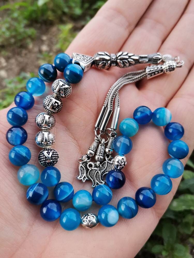 Kişiye Özel Madagaskar Mavi Akik Doğaltaş Tesbih