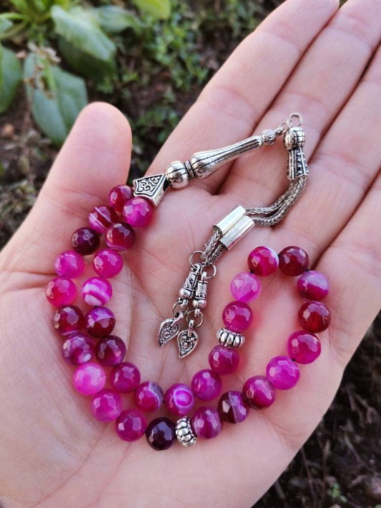 Mücevher Kesim Pembe Akik Doğaltaş Tesbih