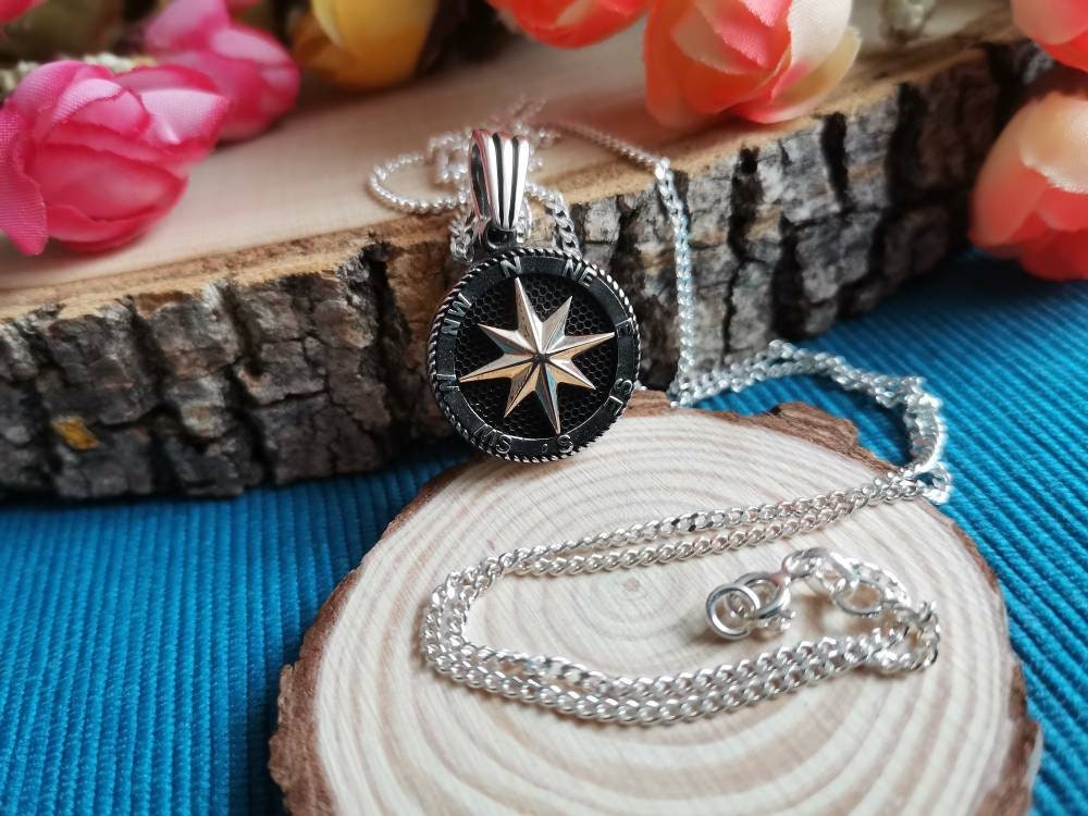 925 Ayar Gümüş 65 cm Zincirli Pusula Kolye