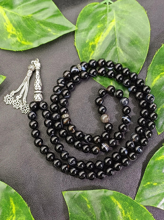 925 Ayar Gümüş 99 Boncuklu Siyah Akik Tesbih