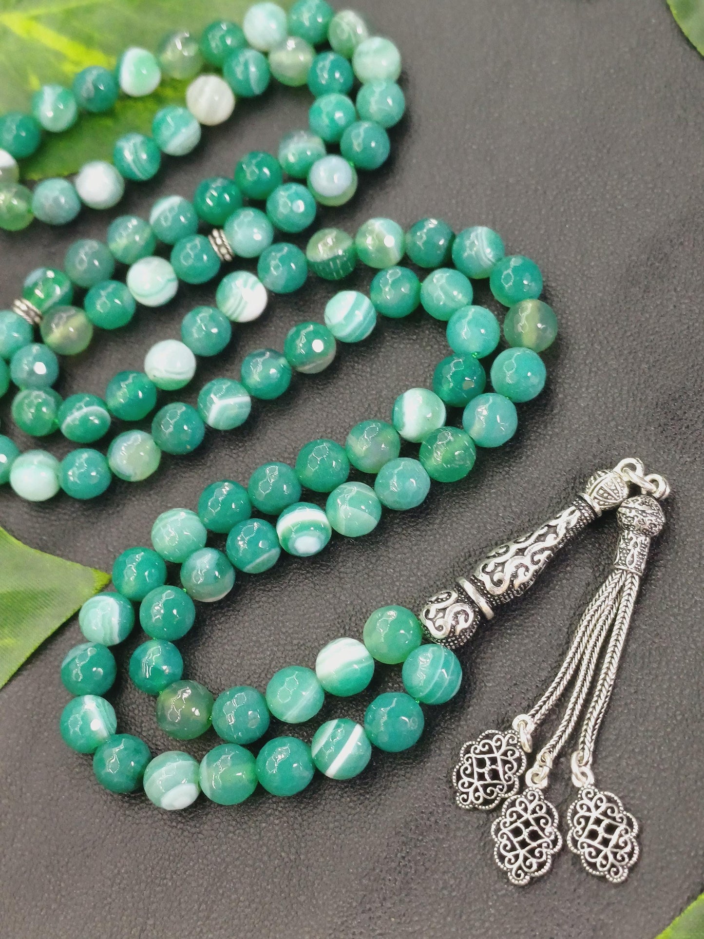 99 Boncuklu 925 Ayar Gümüş Yeşil Akik Tesbih