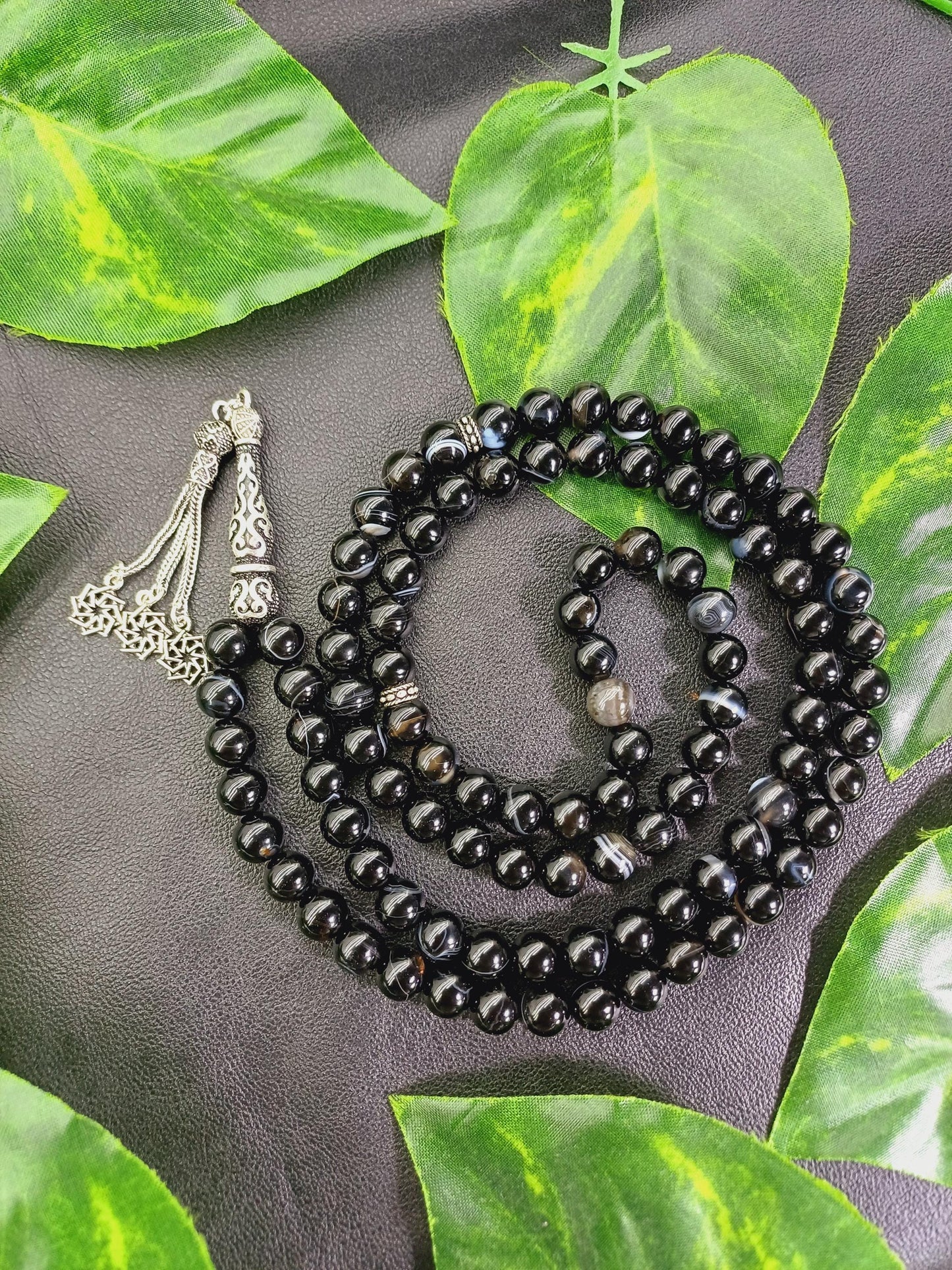 925 Ayar Gümüş 99 Boncuklu Siyah Akik Tesbih