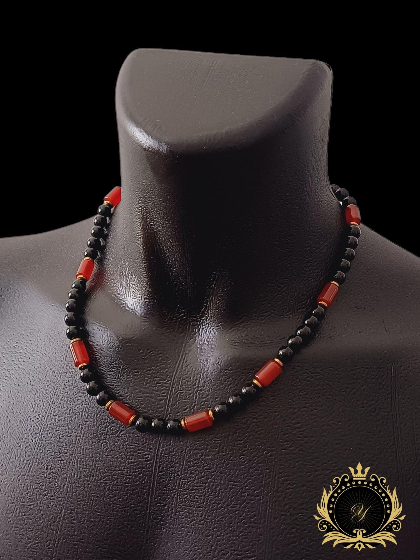 Yemen Akik & Siyah Oniks Doğaltaş Erkek Kolye