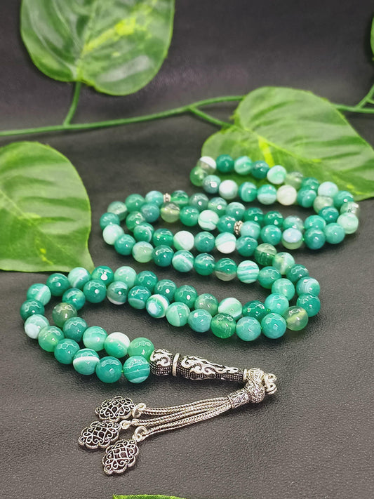 99 Boncuklu 925 Ayar Gümüş Yeşil Akik Tesbih