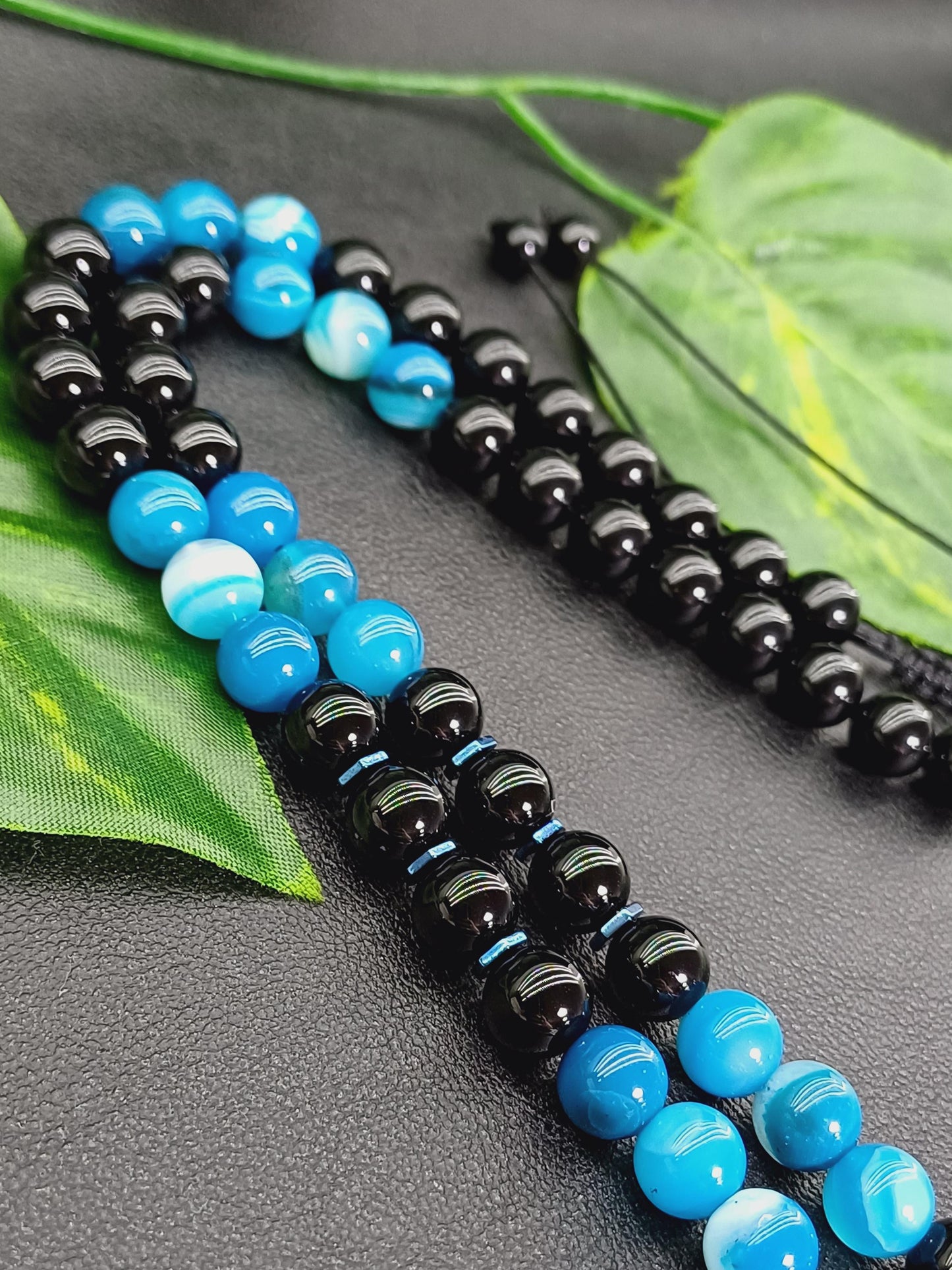 Mavi Akik & Siyah Oniks Erkek Doğaltaş Kolye