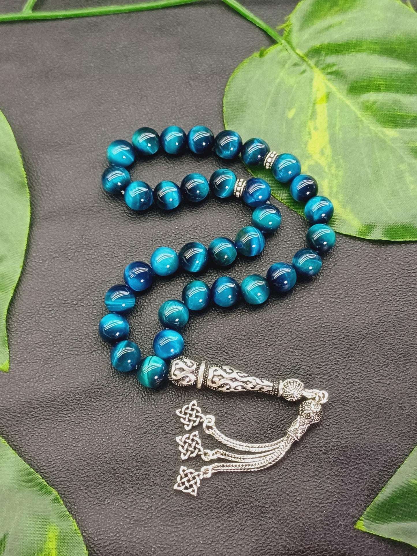 925 Ayar Gümüş Okyanus Mavisi Kaplan Gözü Tesbih