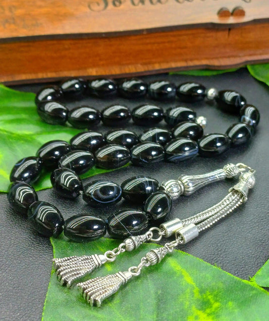 Arpa Kesim Siyah Akik Doğaltaş Tesbih