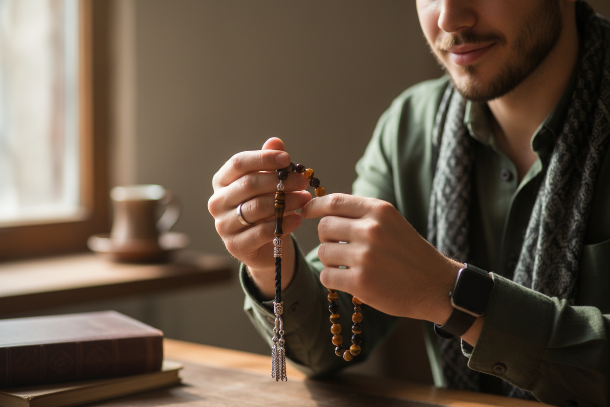 doğaltaş tesbih kullanan genç ve karizmatik bir erkek
