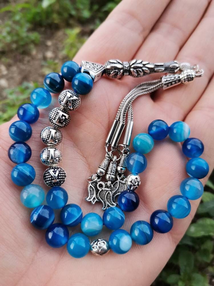 Kişiye Özel Madagaskar Mavi Akik Doğaltaş Tesbih