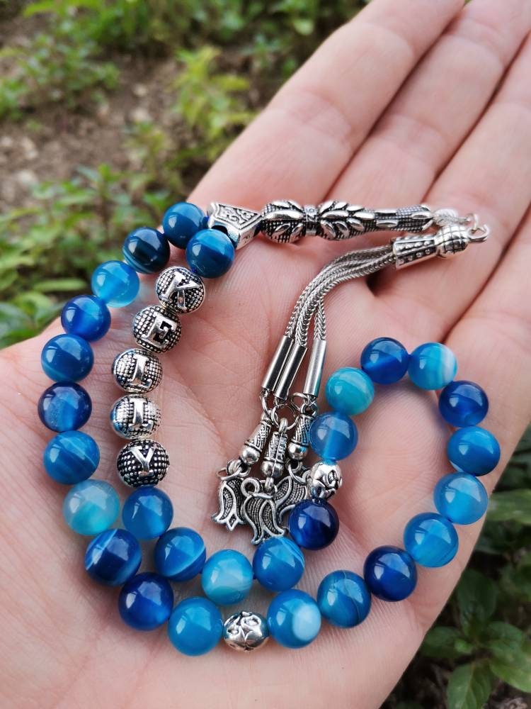 Kişiye Özel Madagaskar Mavi Akik Doğaltaş Tesbih