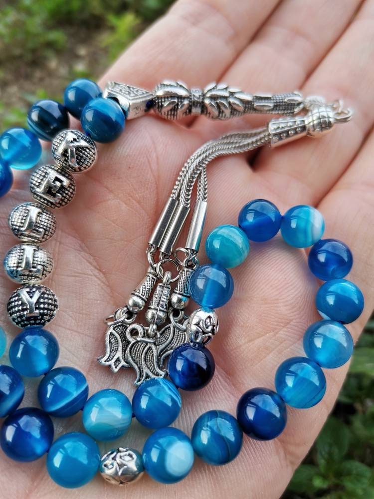 Kişiye Özel Madagaskar Mavi Akik Doğaltaş Tesbih