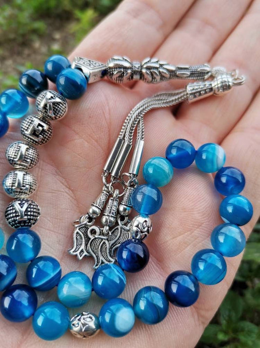 Kişiye Özel Madagaskar Mavi Akik Doğaltaş Tesbih