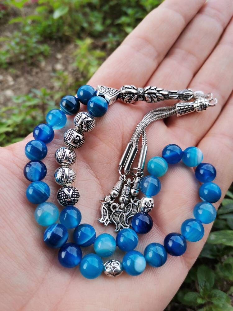 Kişiye Özel Madagaskar Mavi Akik Doğaltaş Tesbih