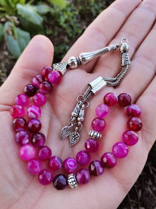 Mücevher Kesim Pembe Akik Doğaltaş Tesbih