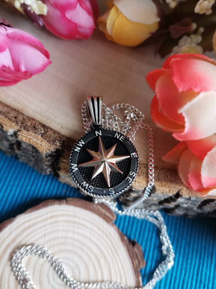 925 Ayar Gümüş 65 cm Zincirli Pusula Kolye