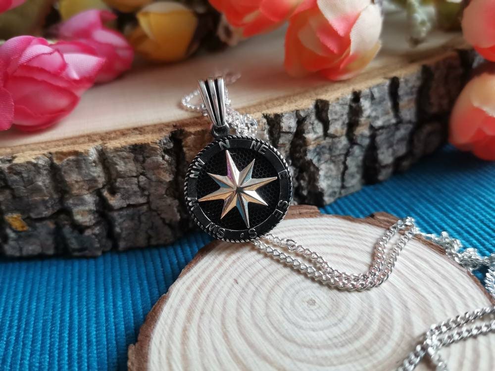 925 Ayar Gümüş 65 cm Zincirli Pusula Kolye