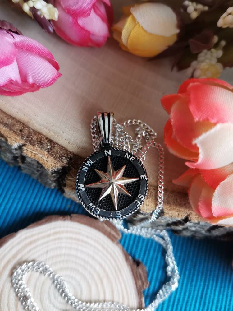 925 Ayar Gümüş 65 cm Zincirli Pusula Kolye