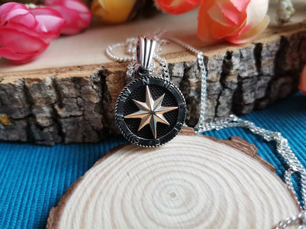 925 Ayar Gümüş 65 cm Zincirli Pusula Kolye