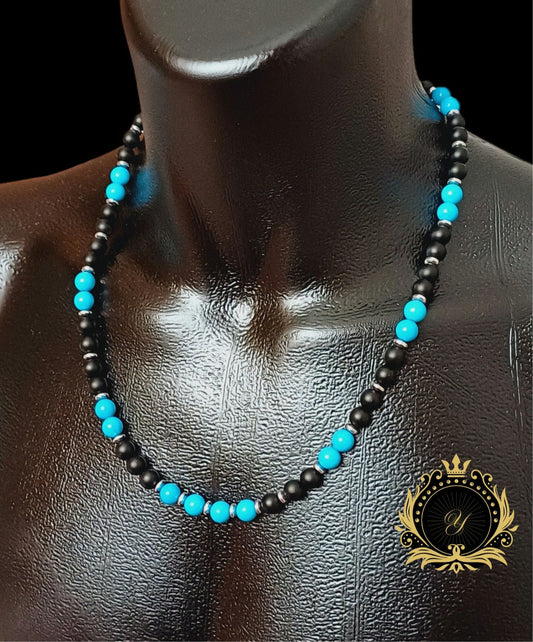 Mat Siyah Oniks & Turkuaz Erkek Kolye