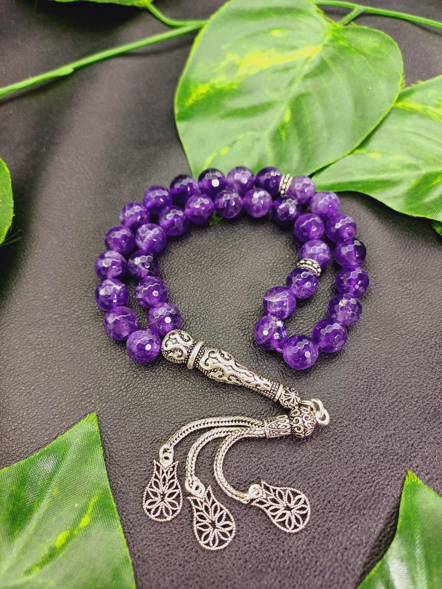 925 Ayar Gümüş Mücevher Kesim Ametist Tesbih