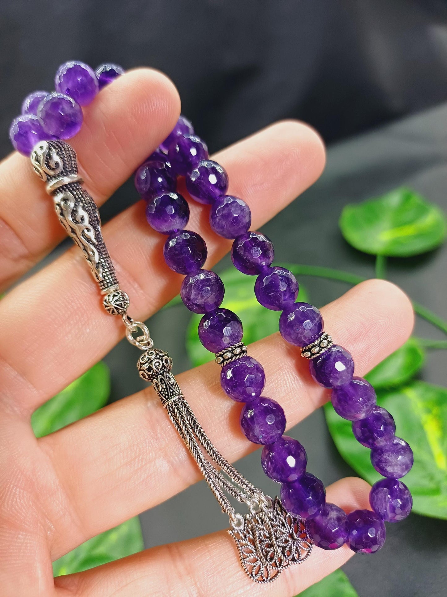 925 Ayar Gümüş Mücevher Kesim Ametist Tesbih