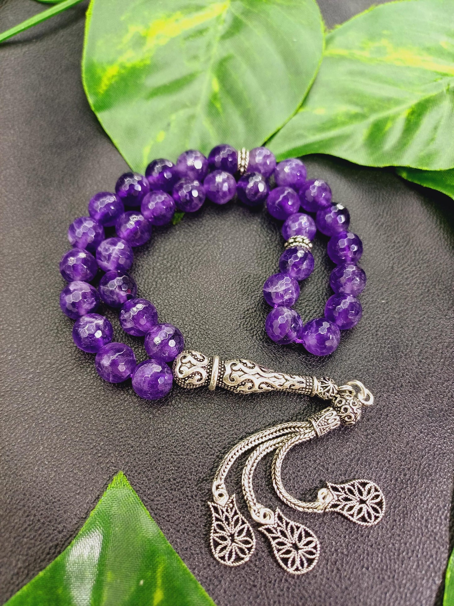 925 Ayar Gümüş Mücevher Kesim Ametist Tesbih