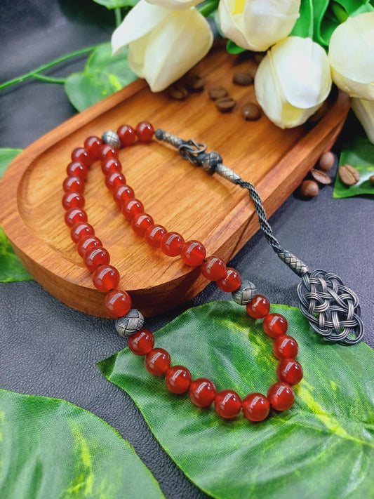 1000 Ayar Gümüş Kazaziye Püsküllü Yemen Akik Doğaltaş Tesbih