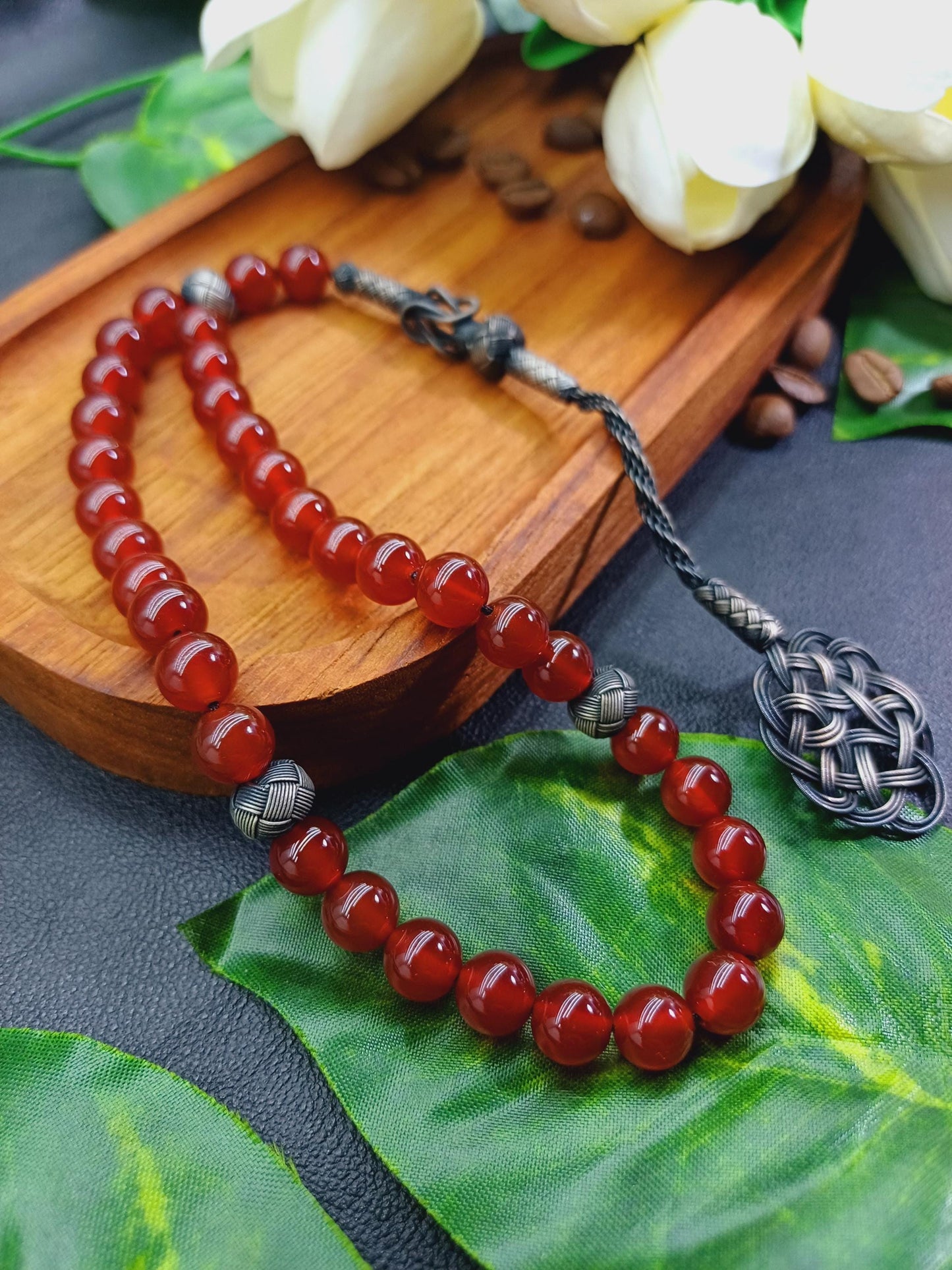 1000 Ayar Gümüş Kazaziye Püsküllü Yemen Akik Doğaltaş Tesbih