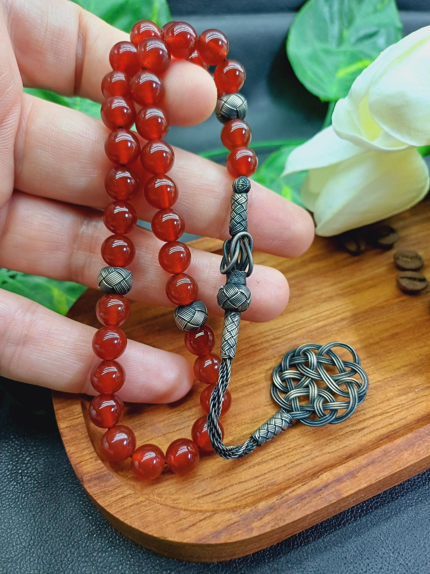 1000 Ayar Gümüş Kazaziye Püsküllü Yemen Akik Doğaltaş Tesbih