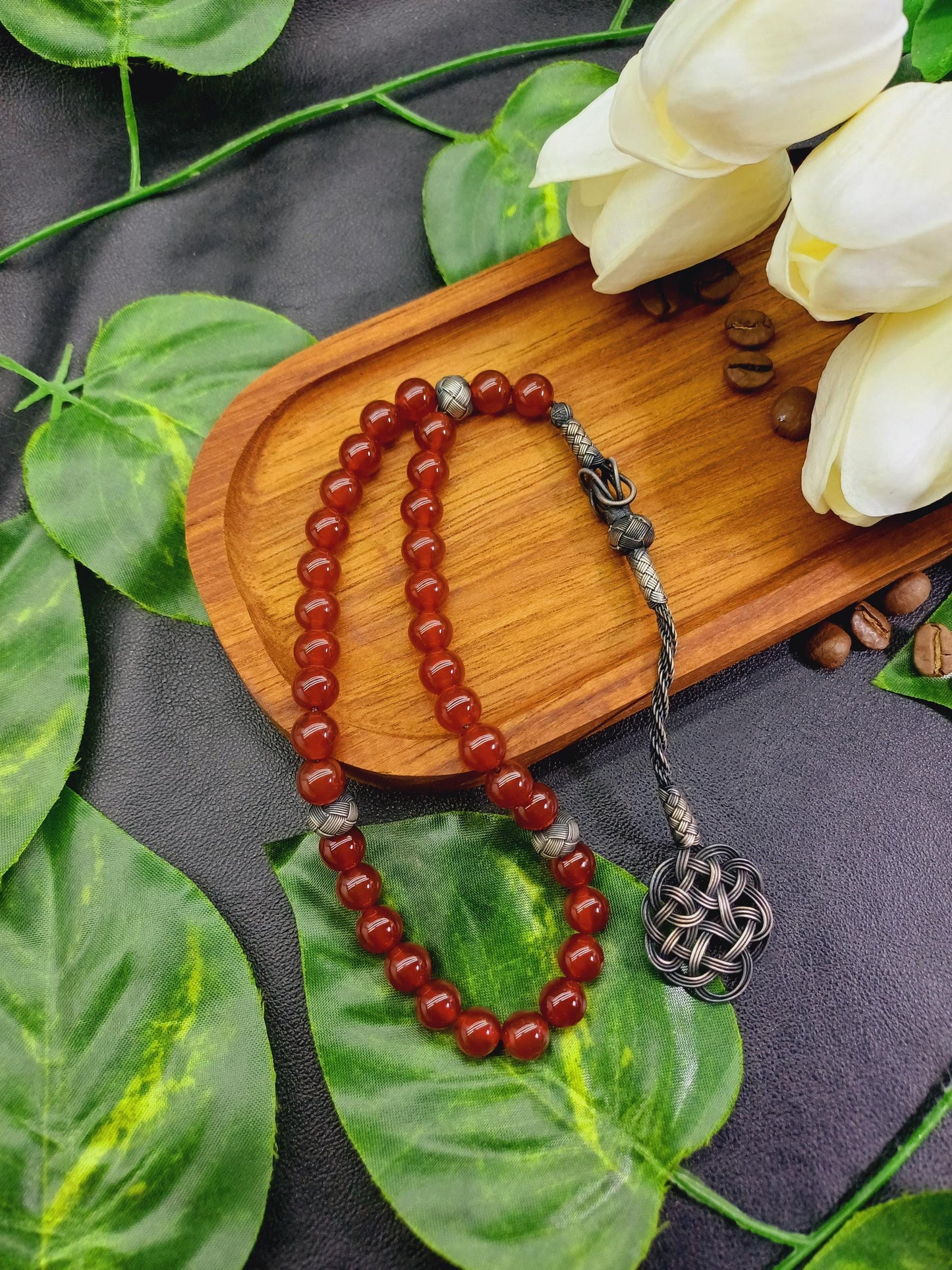 1000 Ayar Gümüş Kazaziye Püsküllü Yemen Akik Doğaltaş Tesbih