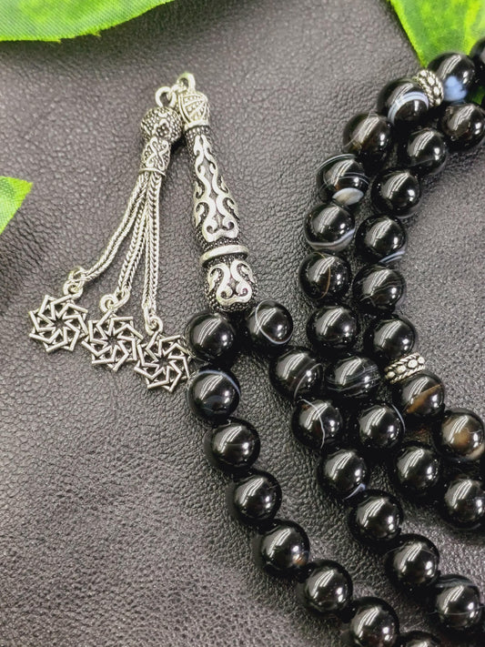 925 Ayar Gümüş 99 Boncuklu Siyah Akik Tesbih