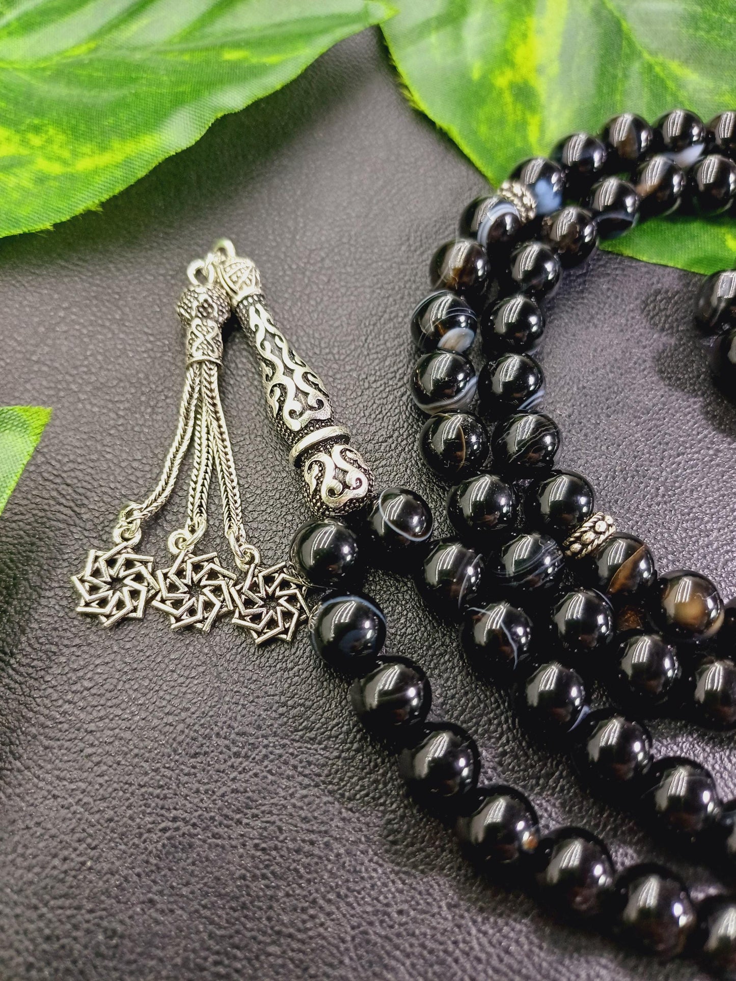 925 Ayar Gümüş 99 Boncuklu Siyah Akik Tesbih