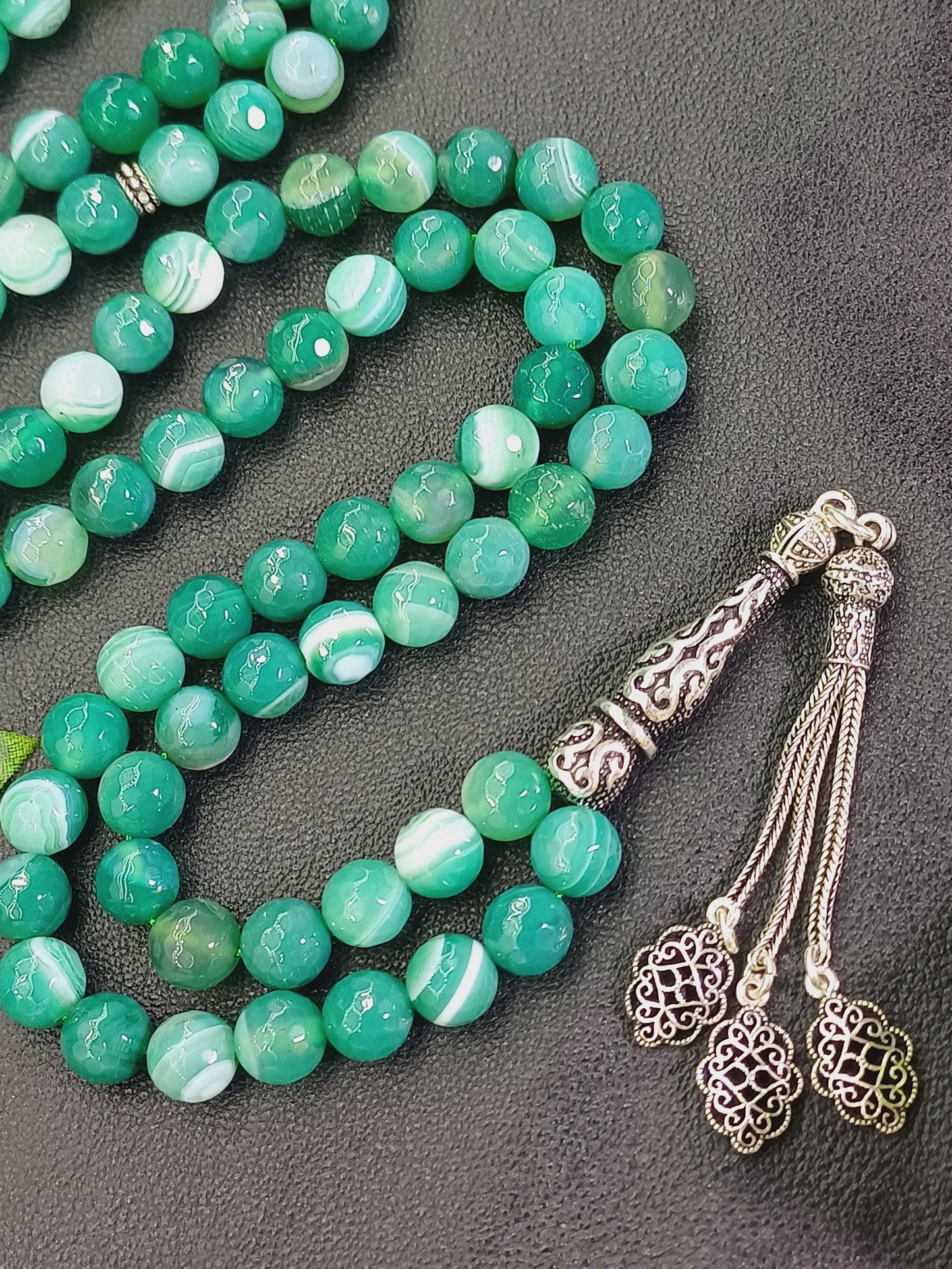 99 Boncuklu 925 Ayar Gümüş Yeşil Akik Tesbih