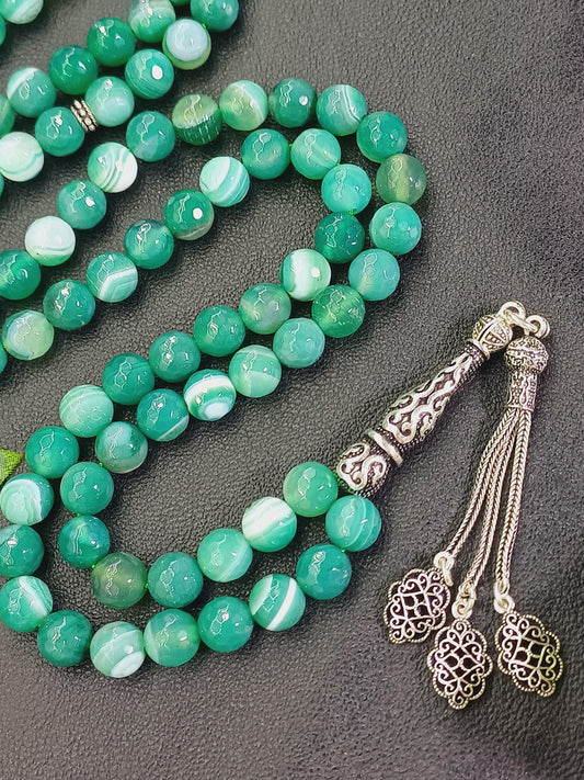 99 Boncuklu 925 Ayar Gümüş Yeşil Akik Tesbih
