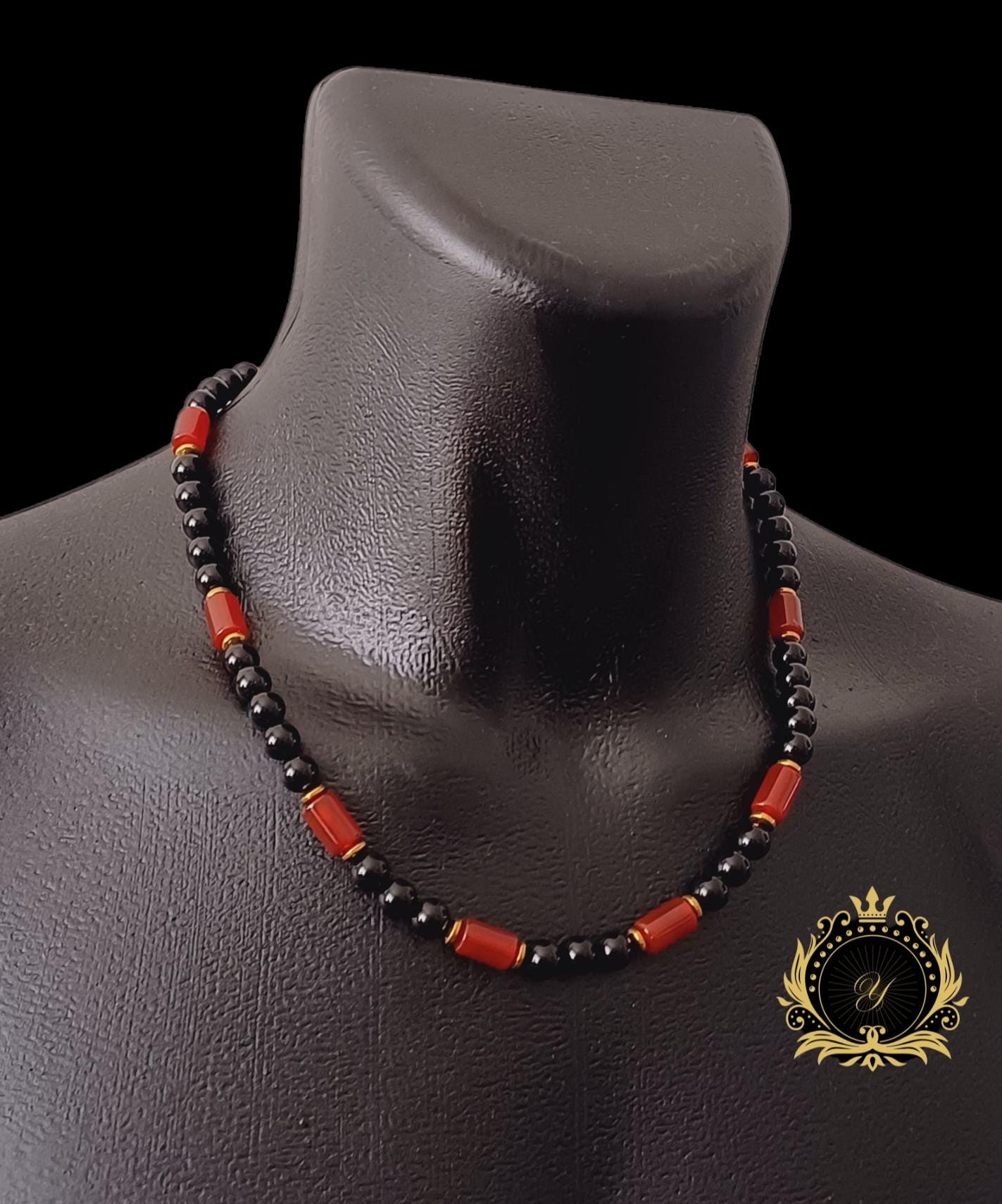 Yemen Akik & Siyah Oniks Doğaltaş Erkek Kolye