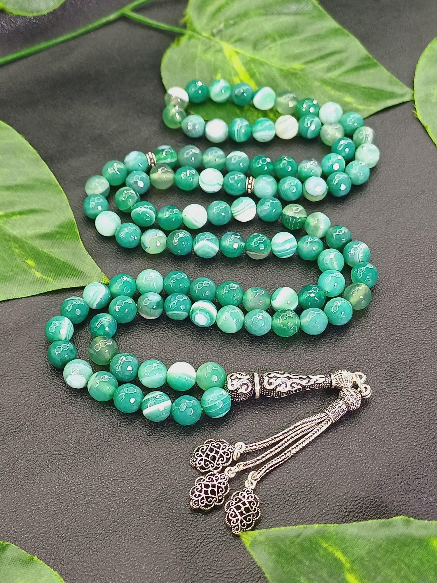 99 Boncuklu 925 Ayar Gümüş Yeşil Akik Tesbih