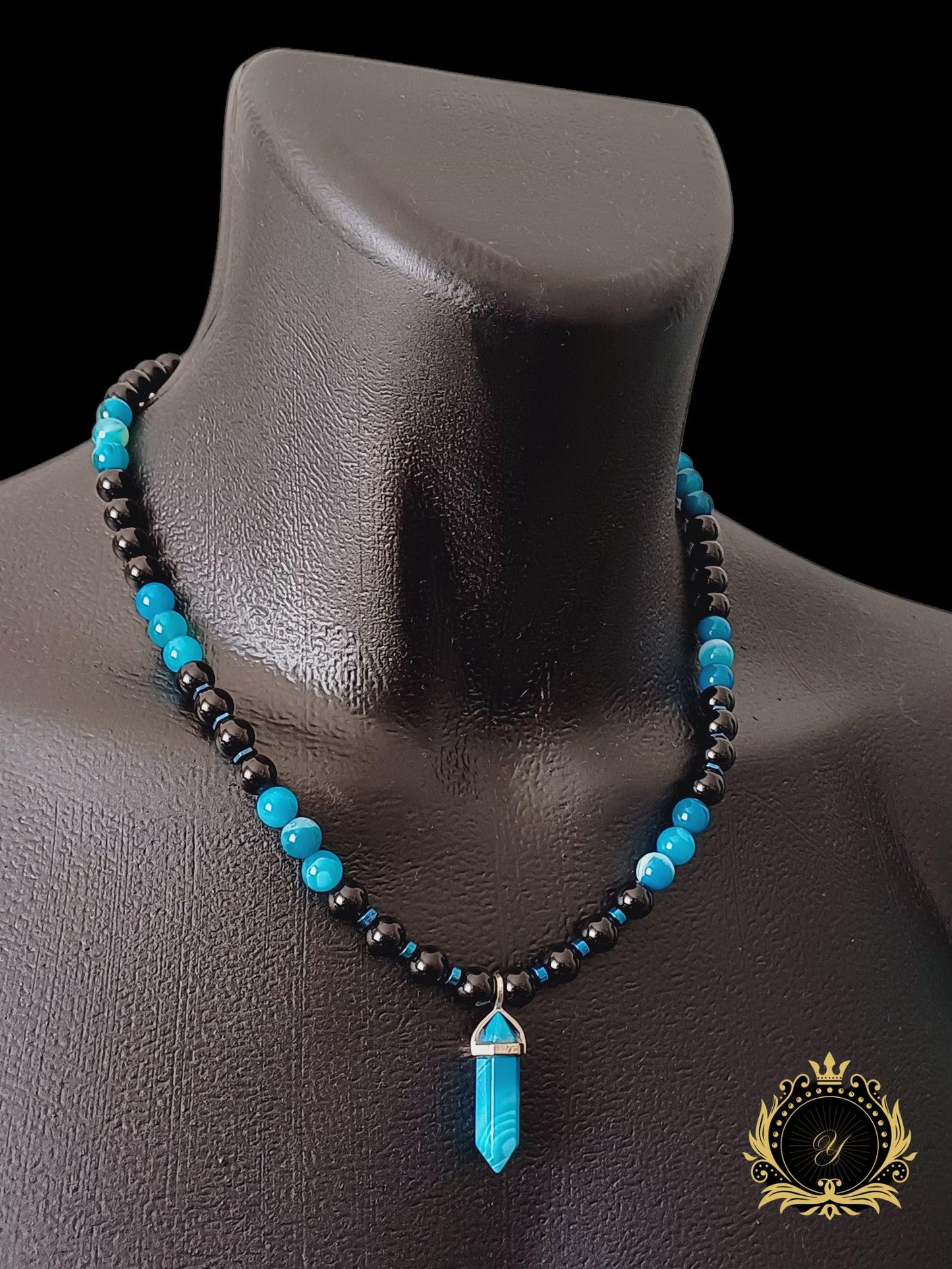 Mavi Akik & Siyah Oniks Erkek Doğaltaş Kolye