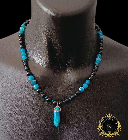 Mavi Akik & Siyah Oniks Erkek Doğaltaş Kolye