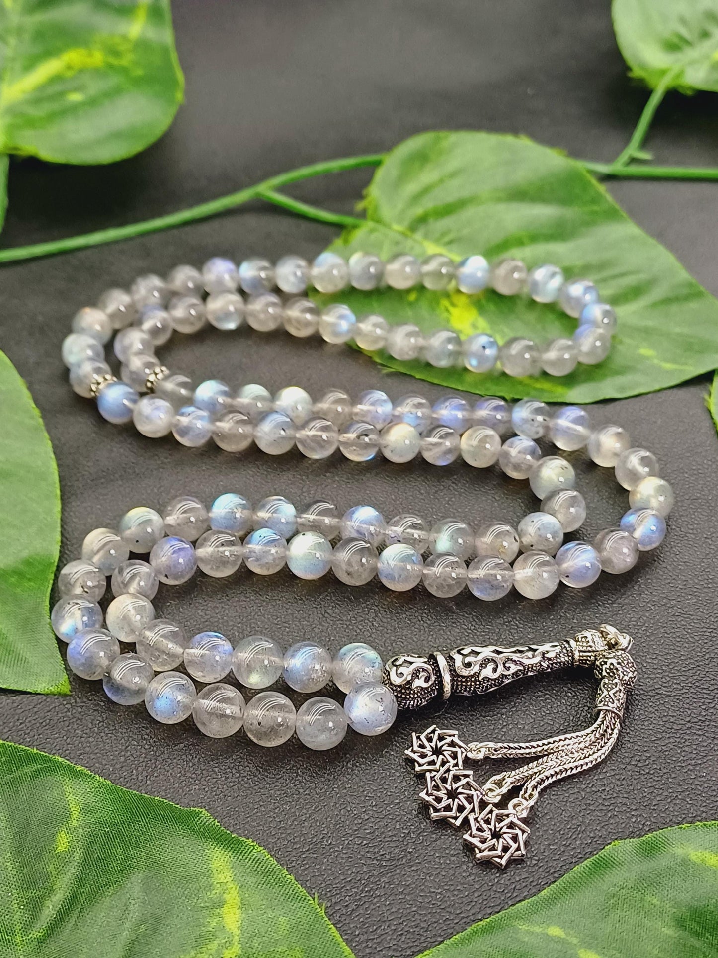 925 Ayar Gümüş 99 Boncuklu Labradorit Tesbih