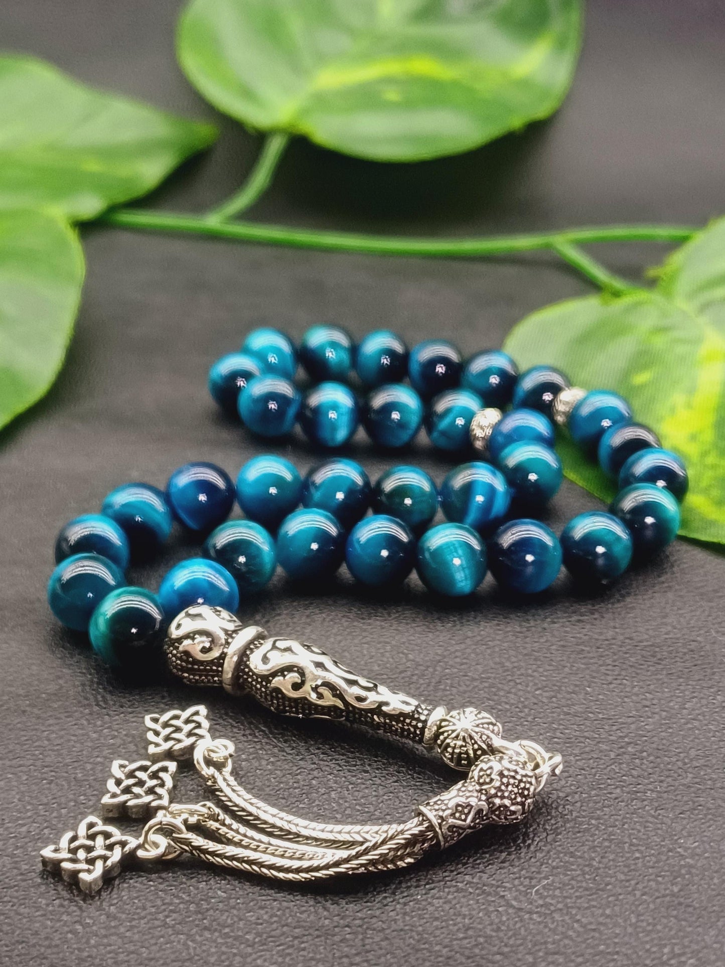 925 Ayar Gümüş Okyanus Mavisi Kaplan Gözü Tesbih