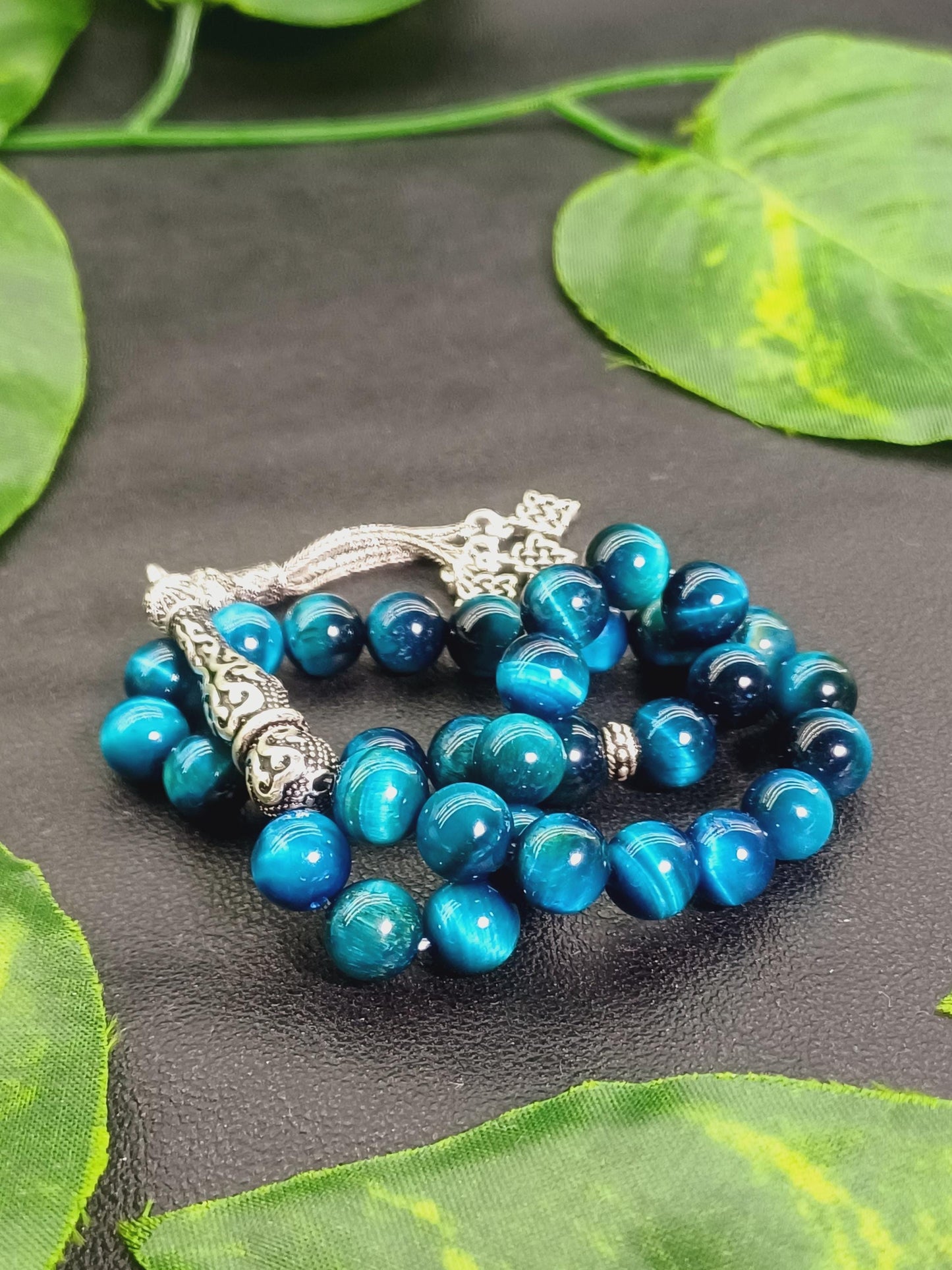 925 Ayar Gümüş Okyanus Mavisi Kaplan Gözü Tesbih