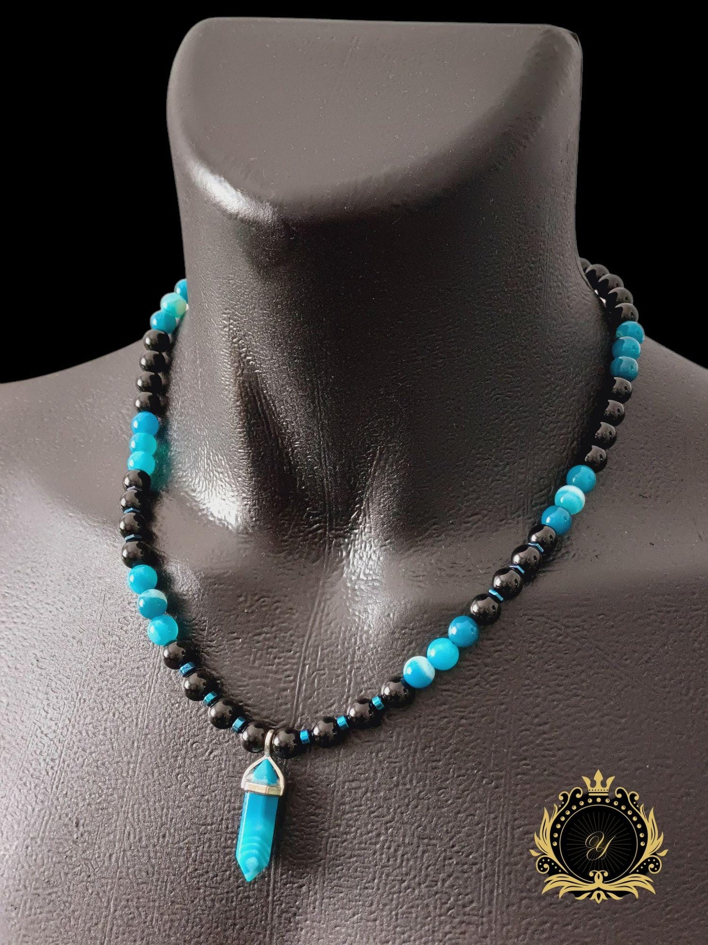 Mavi Akik & Siyah Oniks Erkek Doğaltaş Kolye