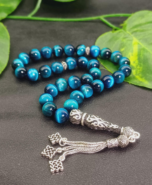 925 Ayar Gümüş Okyanus Mavisi Kaplan Gözü Tesbih