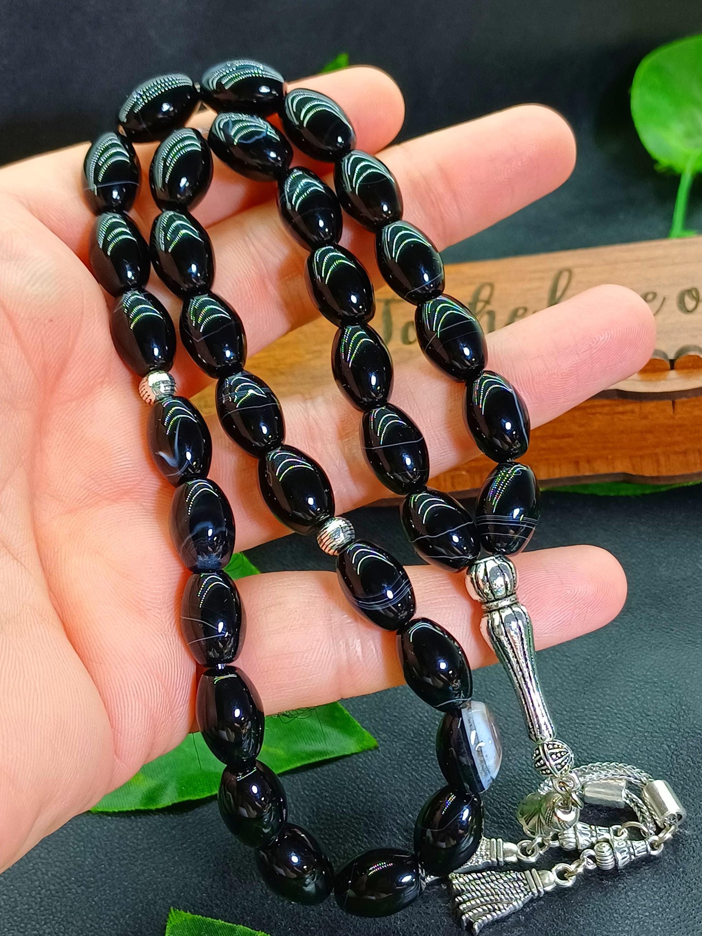 Arpa Kesim Siyah Akik Doğaltaş Tesbih