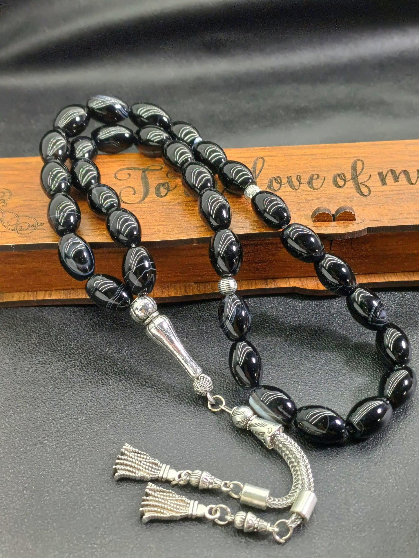 Arpa Kesim Siyah Akik Doğaltaş Tesbih