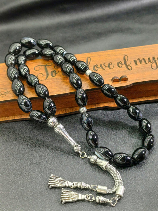 Arpa Kesim Siyah Akik Doğaltaş Tesbih