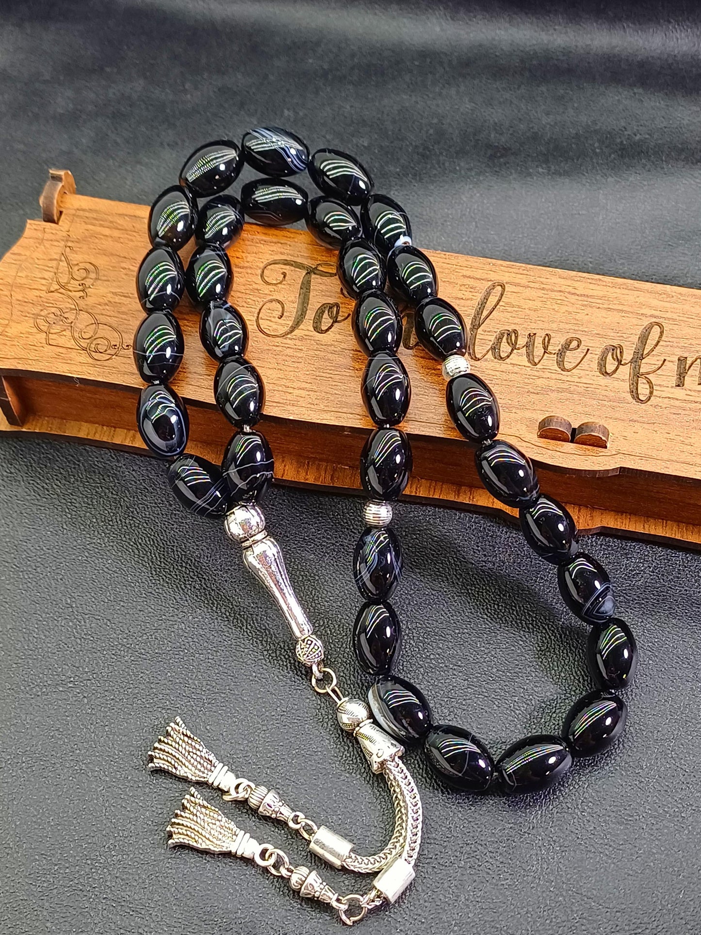 Arpa Kesim Siyah Akik Doğaltaş Tesbih